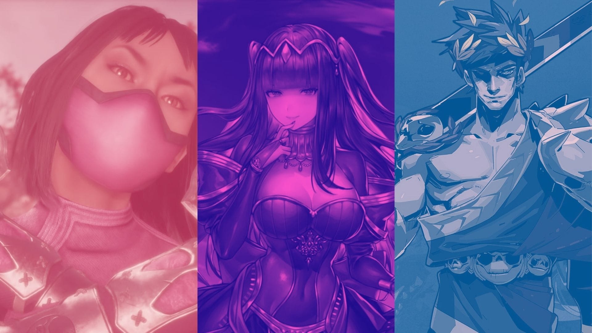 Three Bisexual characters: Mileena from Mortal Kombat, Tharja from Fire Emblem, and Zagreus from Hades