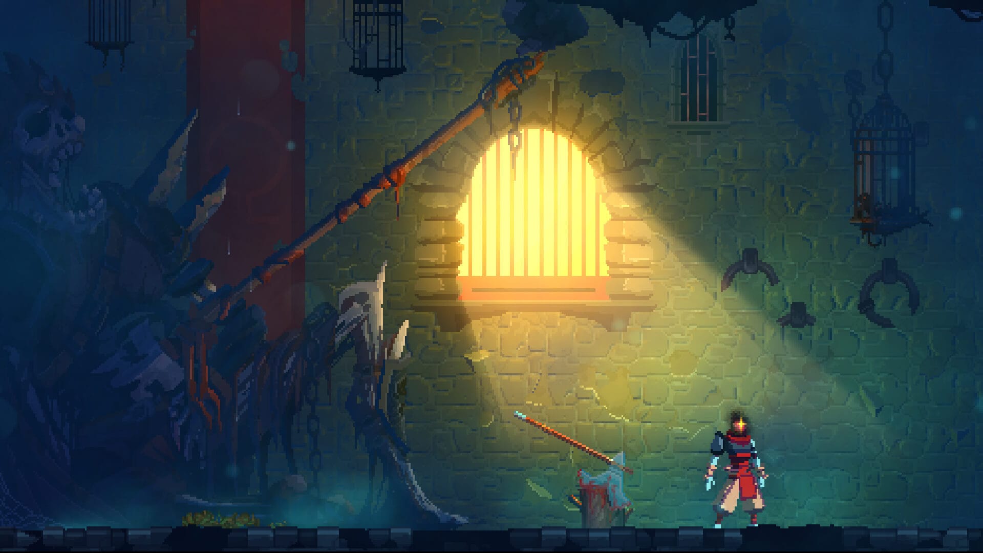 The player framed by a giant's corpse in Dead Cells