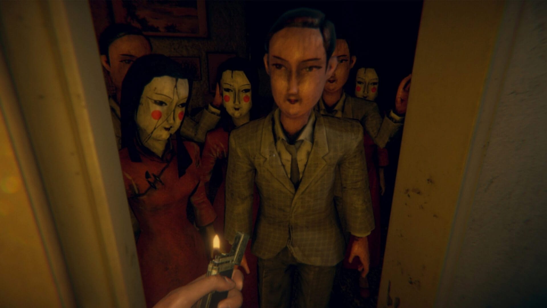 The main character holding a lighter up to some creepy dolls in Devotion