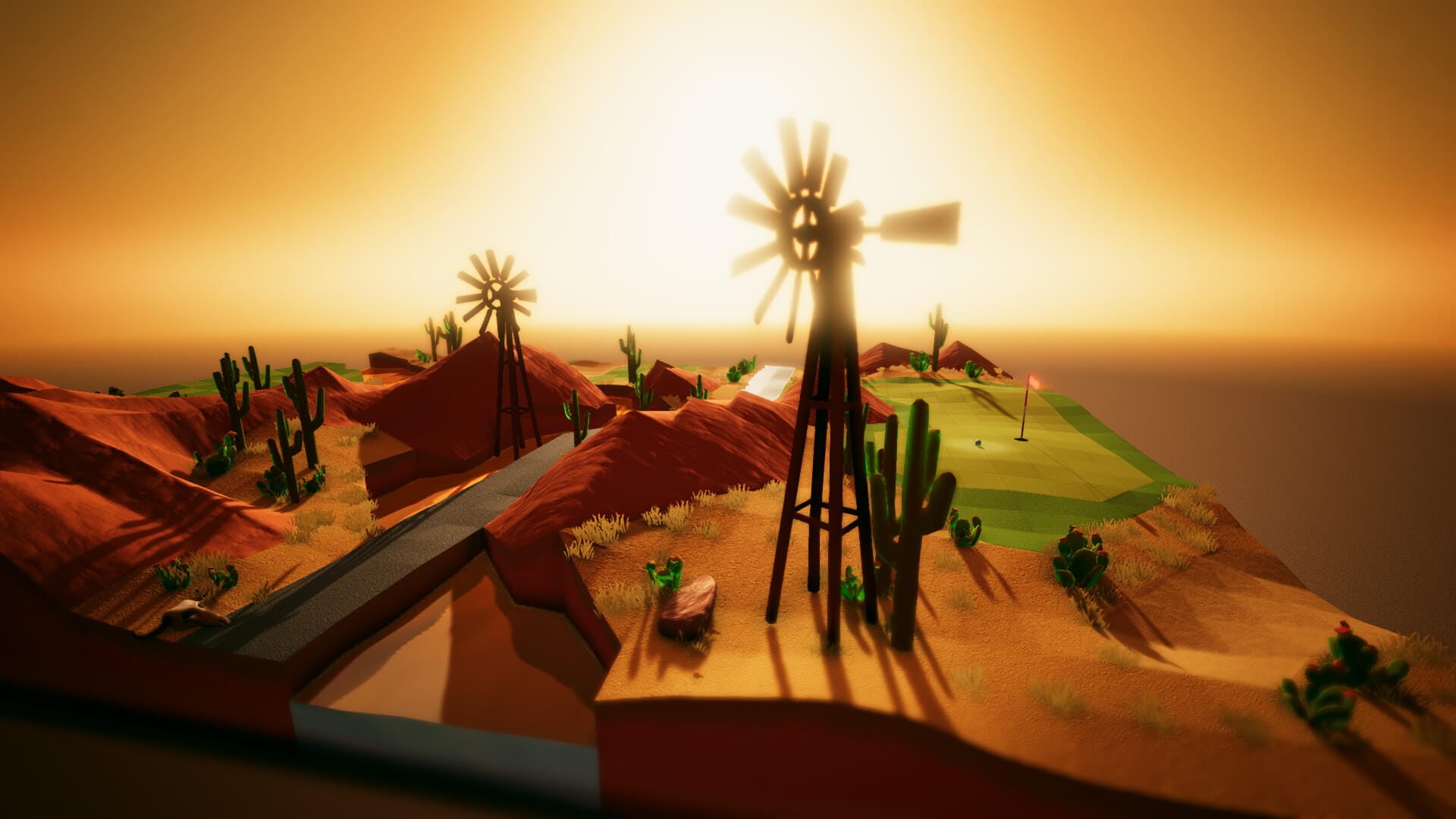A golf course at sunset in the new Playtonic Friends title A Little Golf Journey