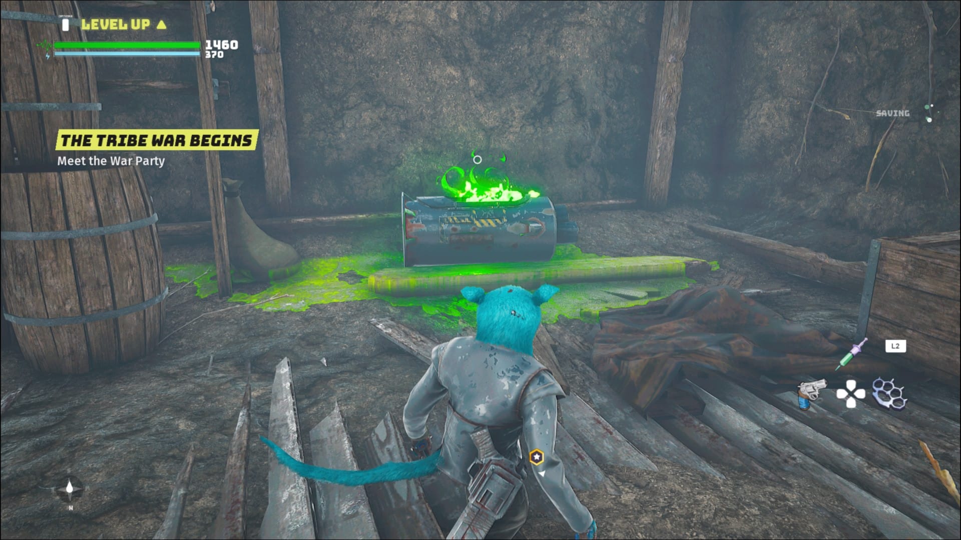 A creature staring at a container full of green glowing goo