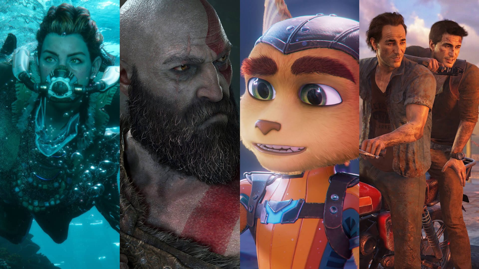 Aloy, Kratos, Ratchet, and the Drake brothers from several PlayStation IPs
