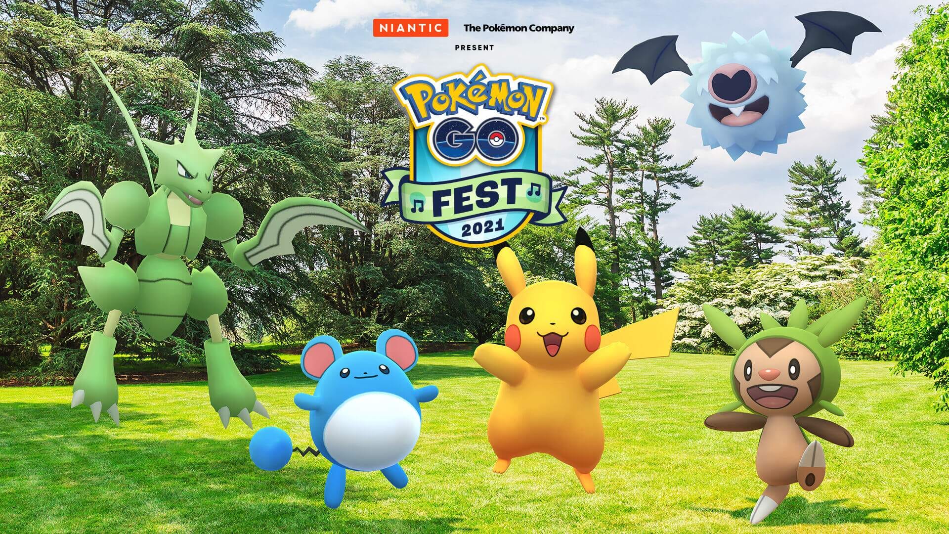 Scyther, Marill, Pikachu, and Chespin fronting this year's Pokemon Go Fest