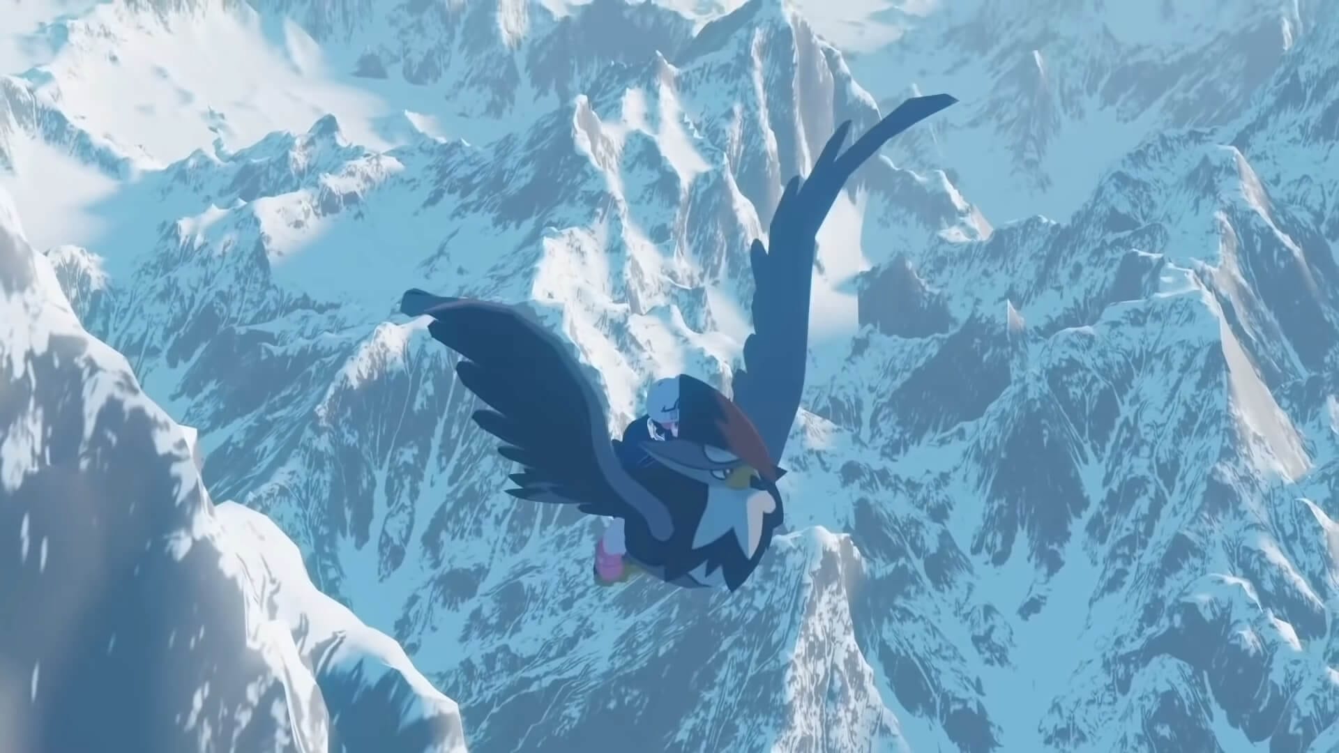 Dawn riding a Staraptor in a mockup trailer for a Pokemon game.