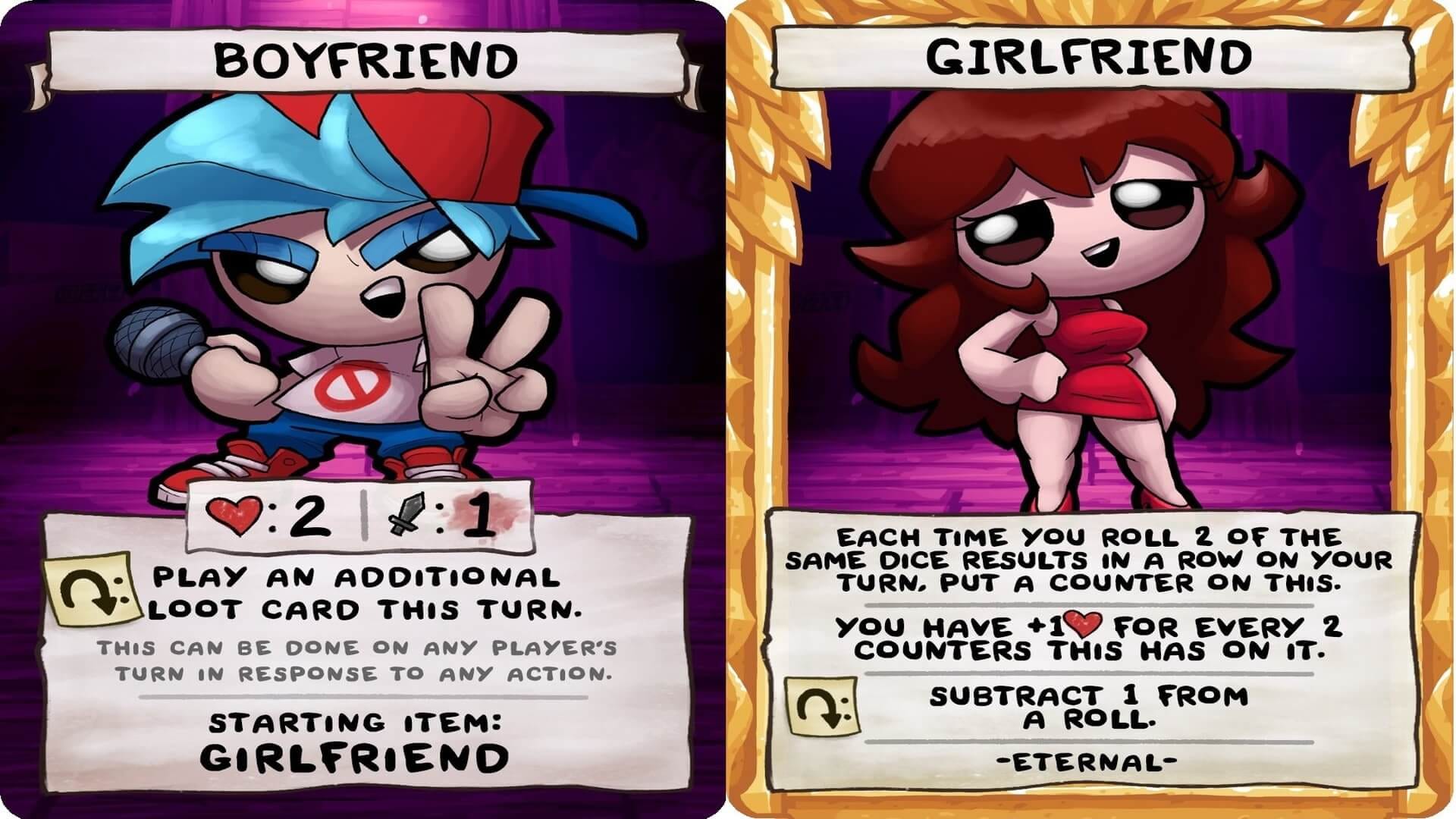 The Boyfriend and Girlfriend cards in Binding of Isaac Requiem.