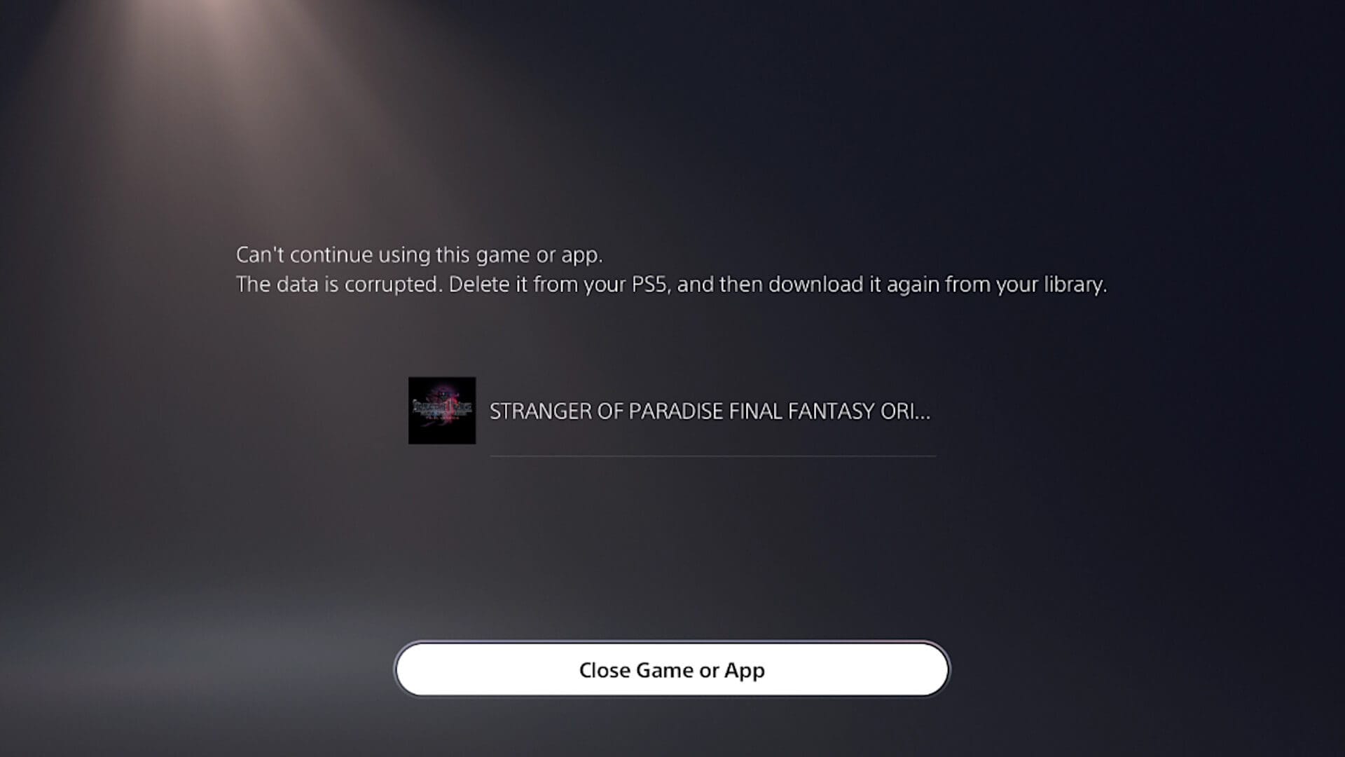 The PS5 error screen encountered when attempting to play the Final Fantasy Origin PS5 demo