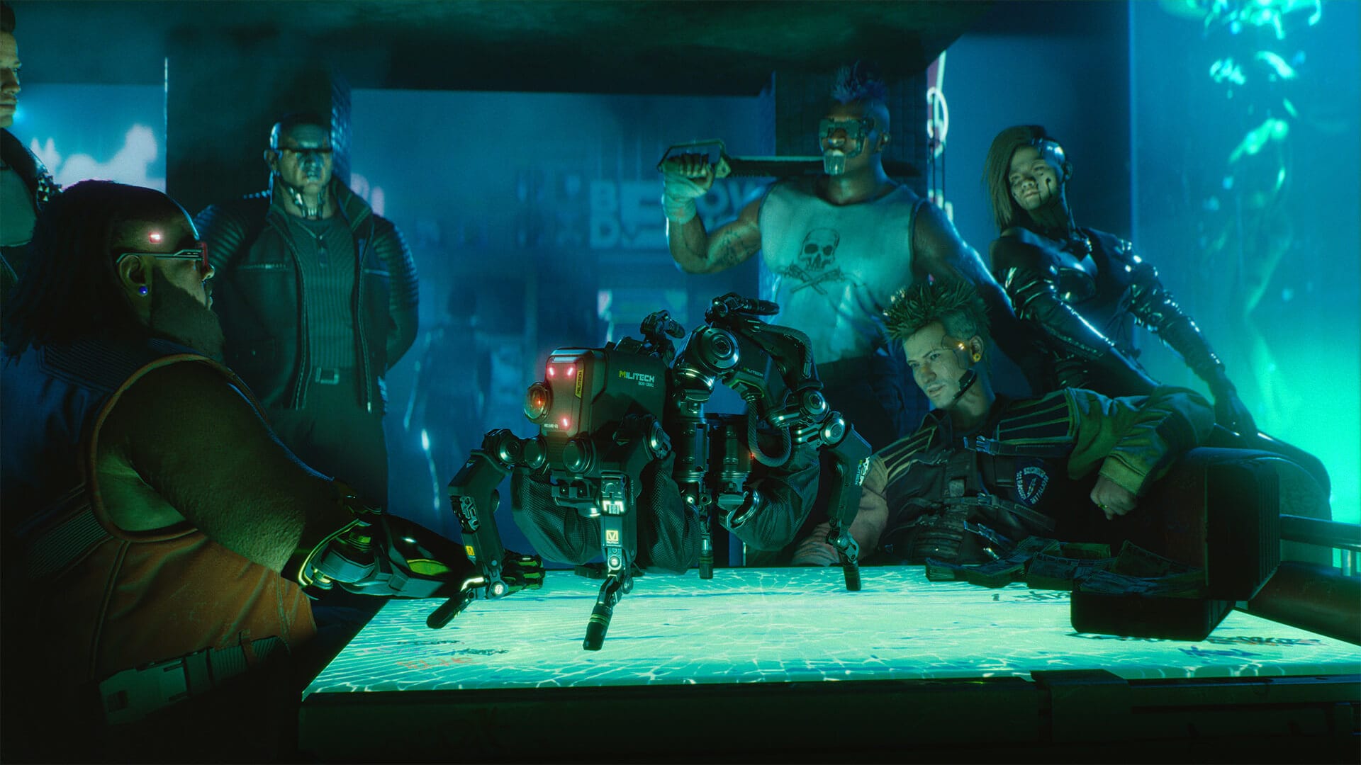 Dexter DeShawn and a gang gathered around some hardware in Cyberpunk 2077