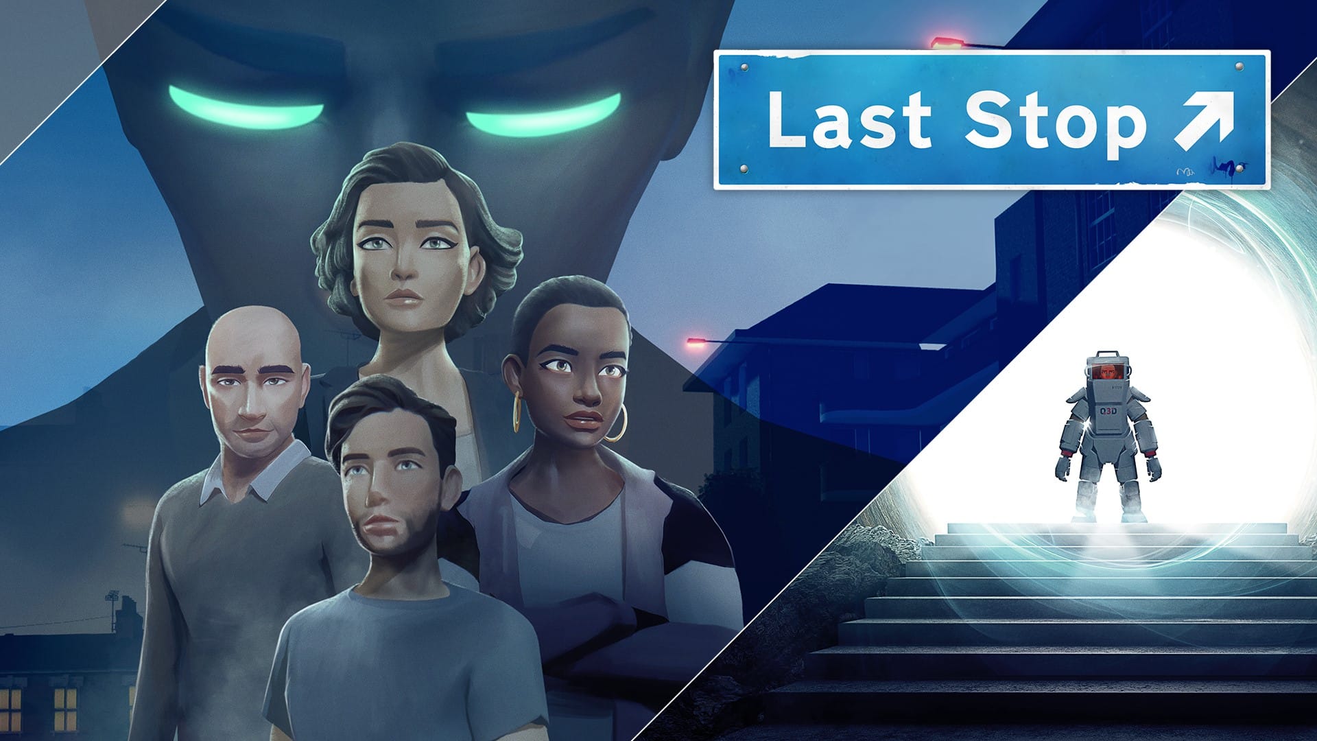 The lead characters of Last Stop, a mysterious figure with glowing eyes and a diving suit seen in the background
