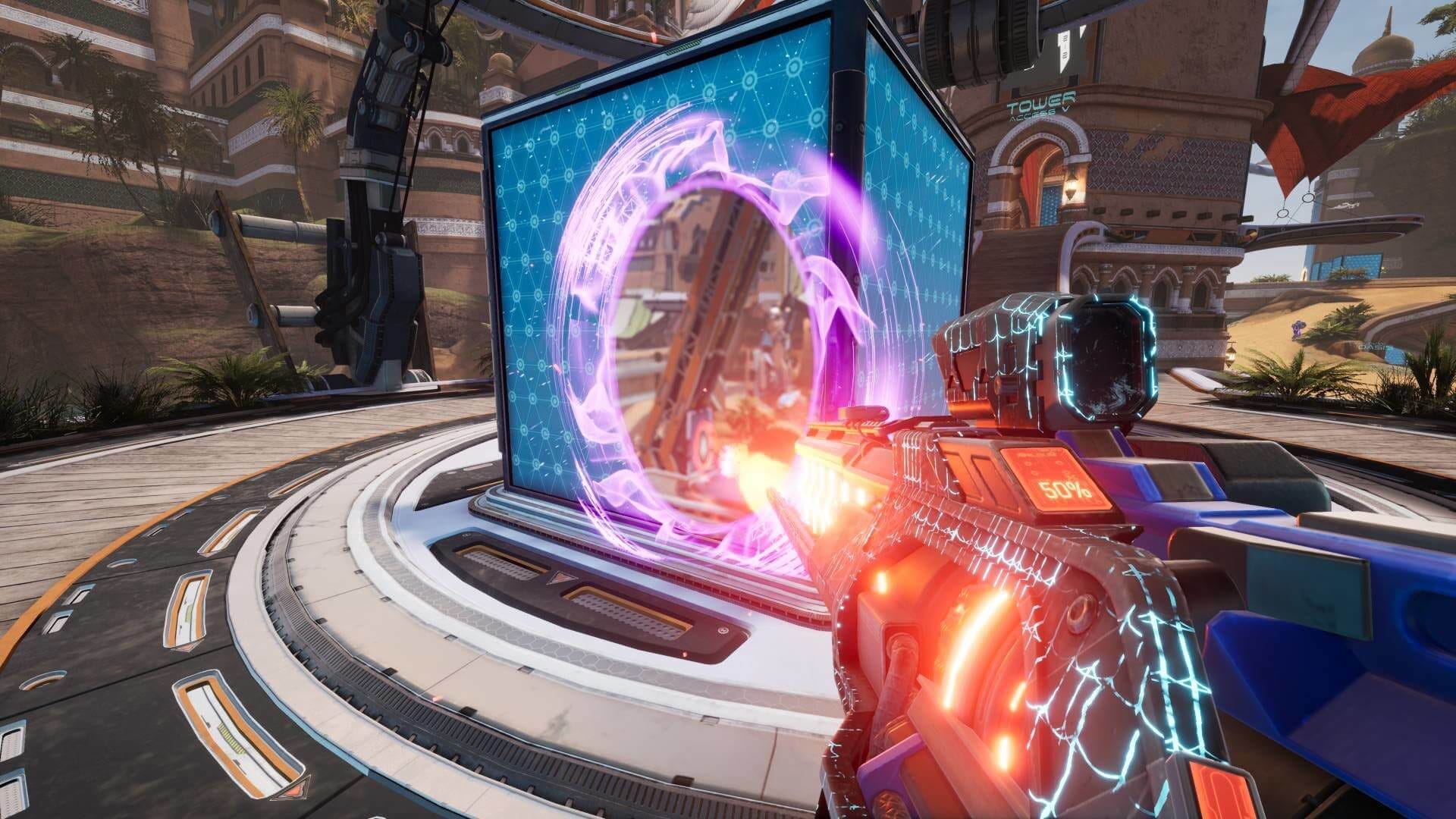 A player aiming at a portal in FPS Splitgate