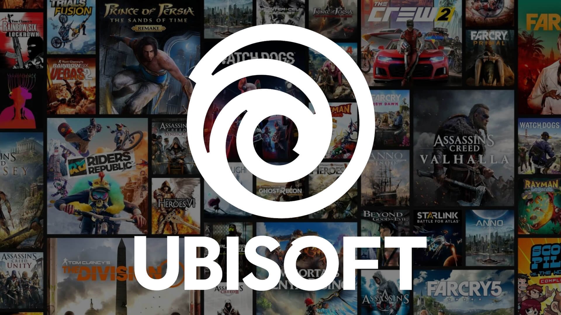 The Ubisoft logo against a backdrop of some of the company's most famous games