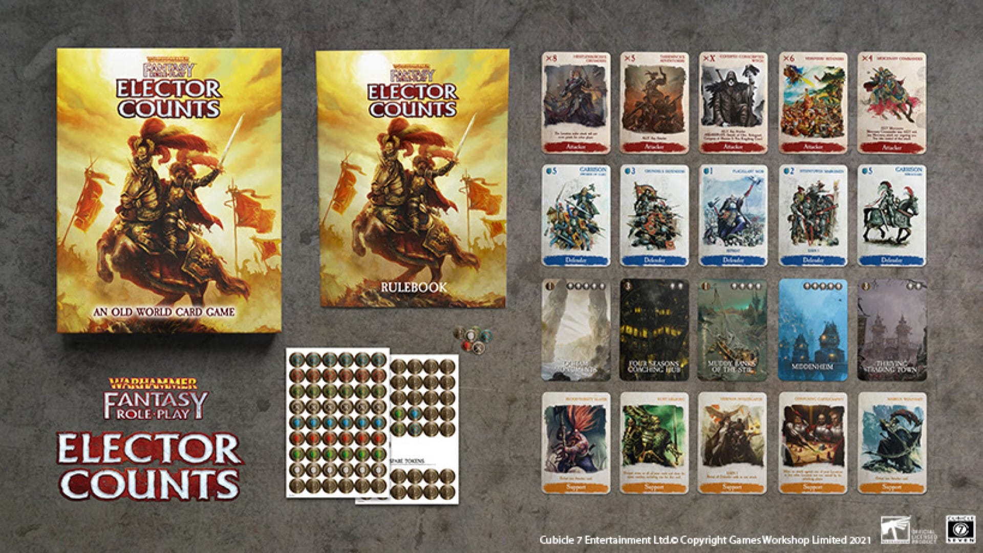 The lay out of cards and pieces for the Warhammer Card Game Elector Count