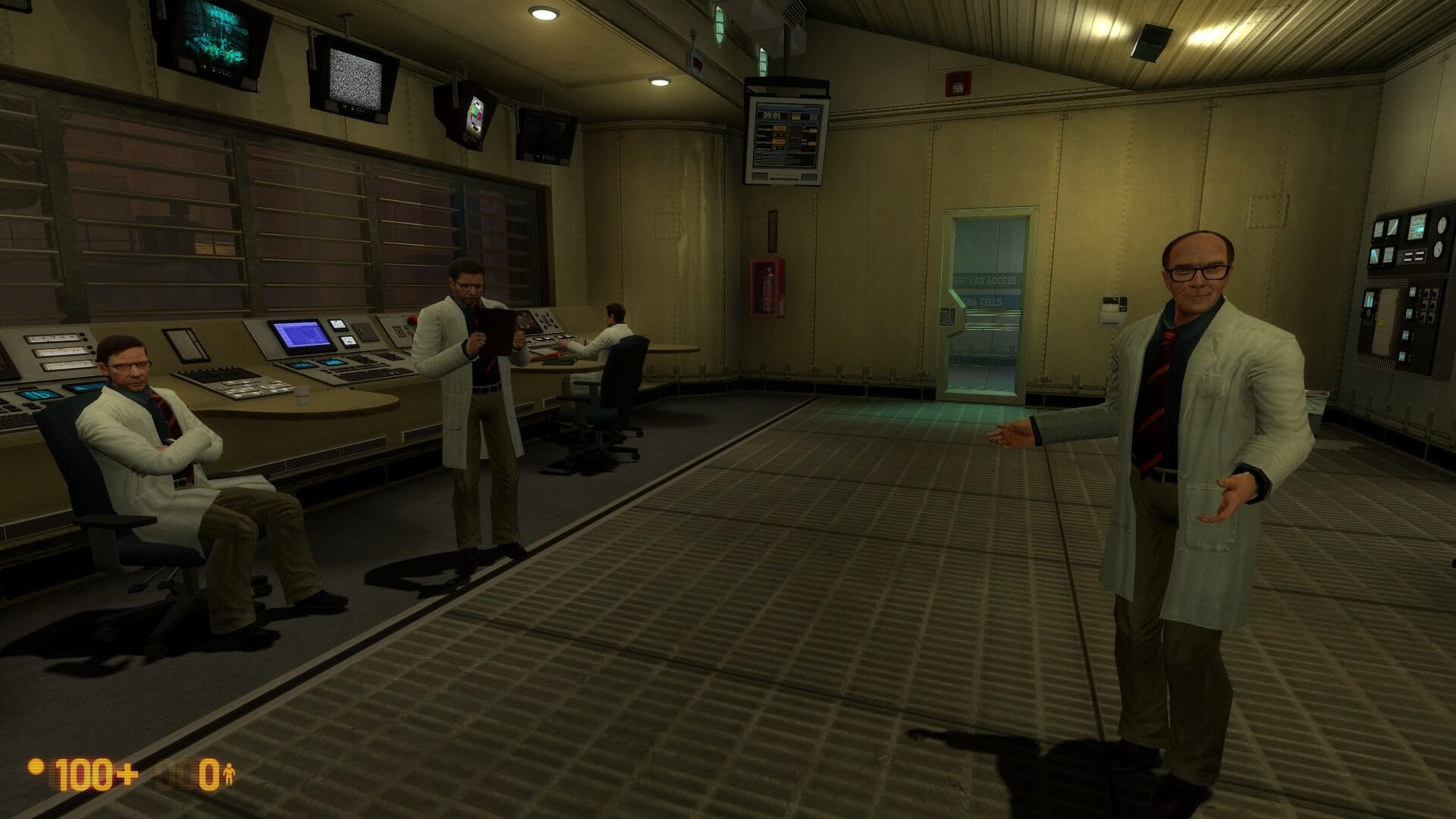 Some scientists talking to Gordon Freeman in Black Mesa