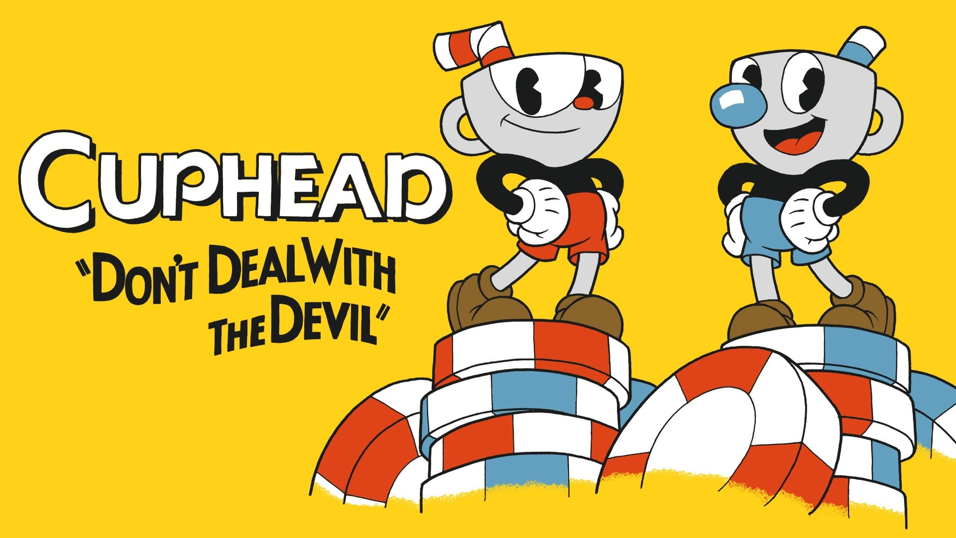 The main characters of Cuphead standing on a yellow background