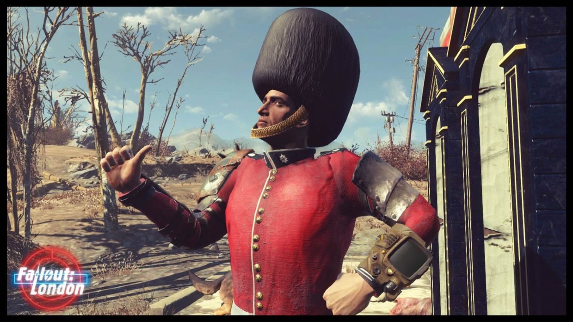 The protagonist of Fallout: London dressed as a royal guard.