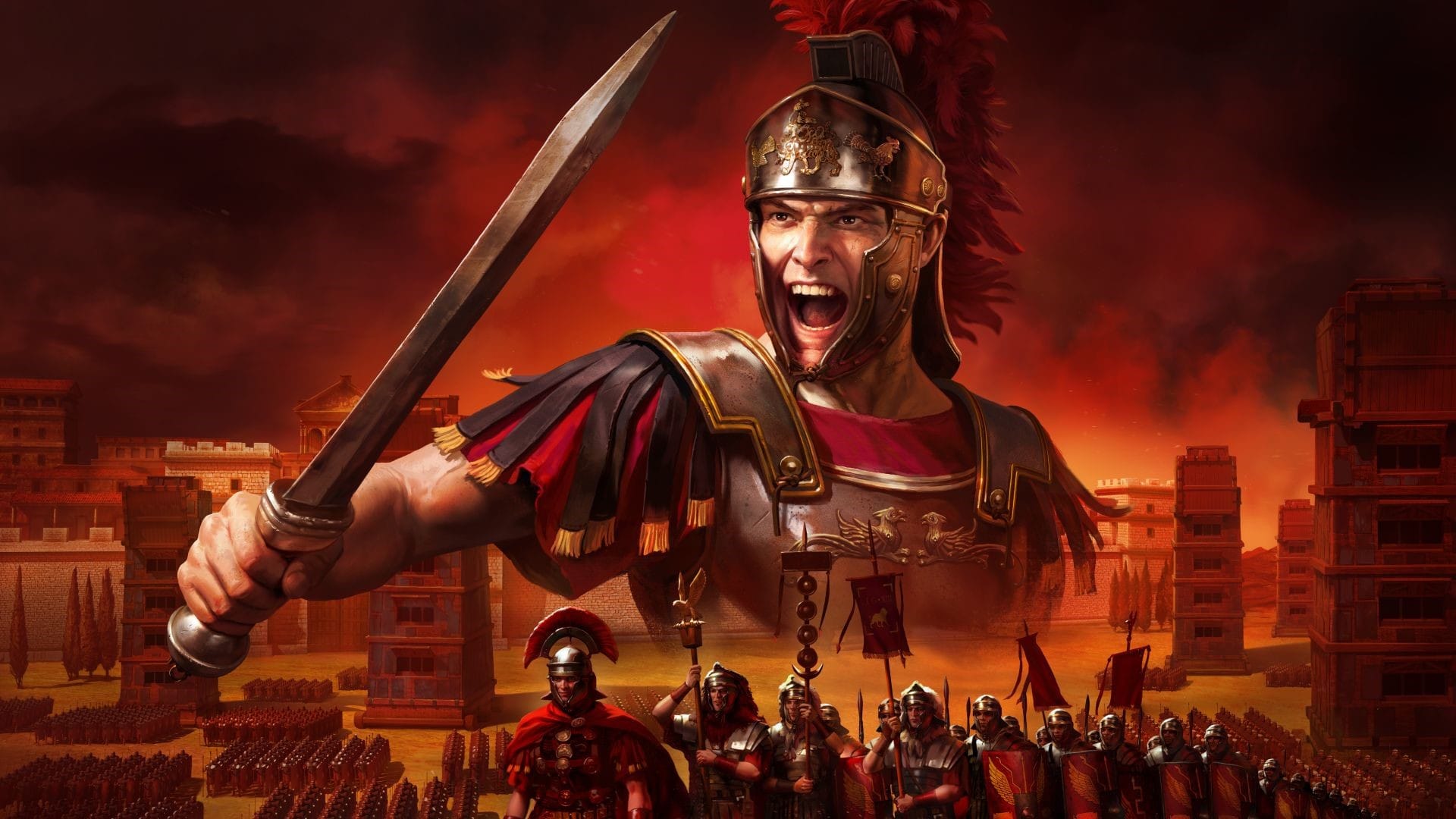 An army of Roman soldiers in a red background