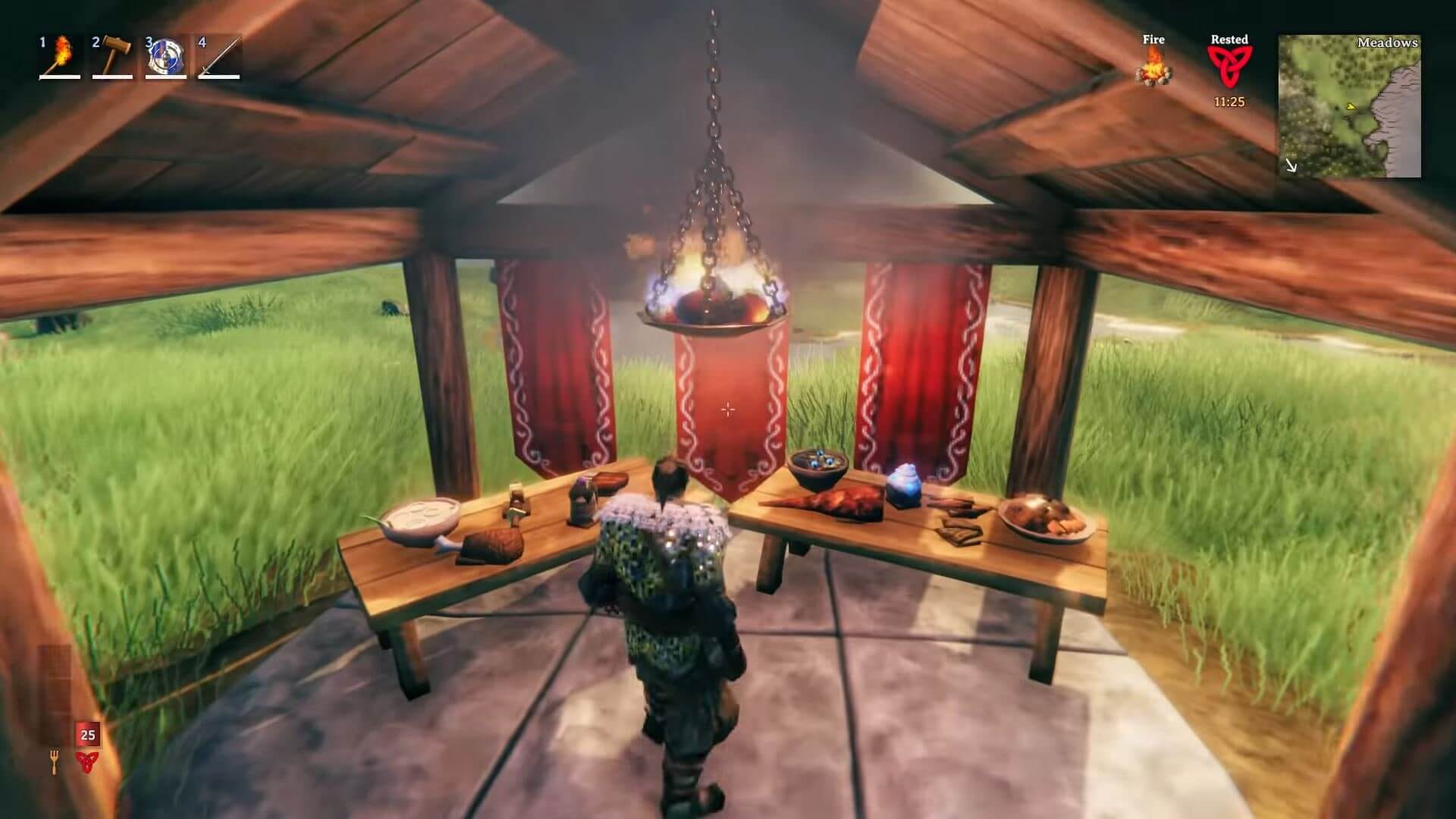 The player standing before tables covered in ingredients in the Valheim Hearth and Home update