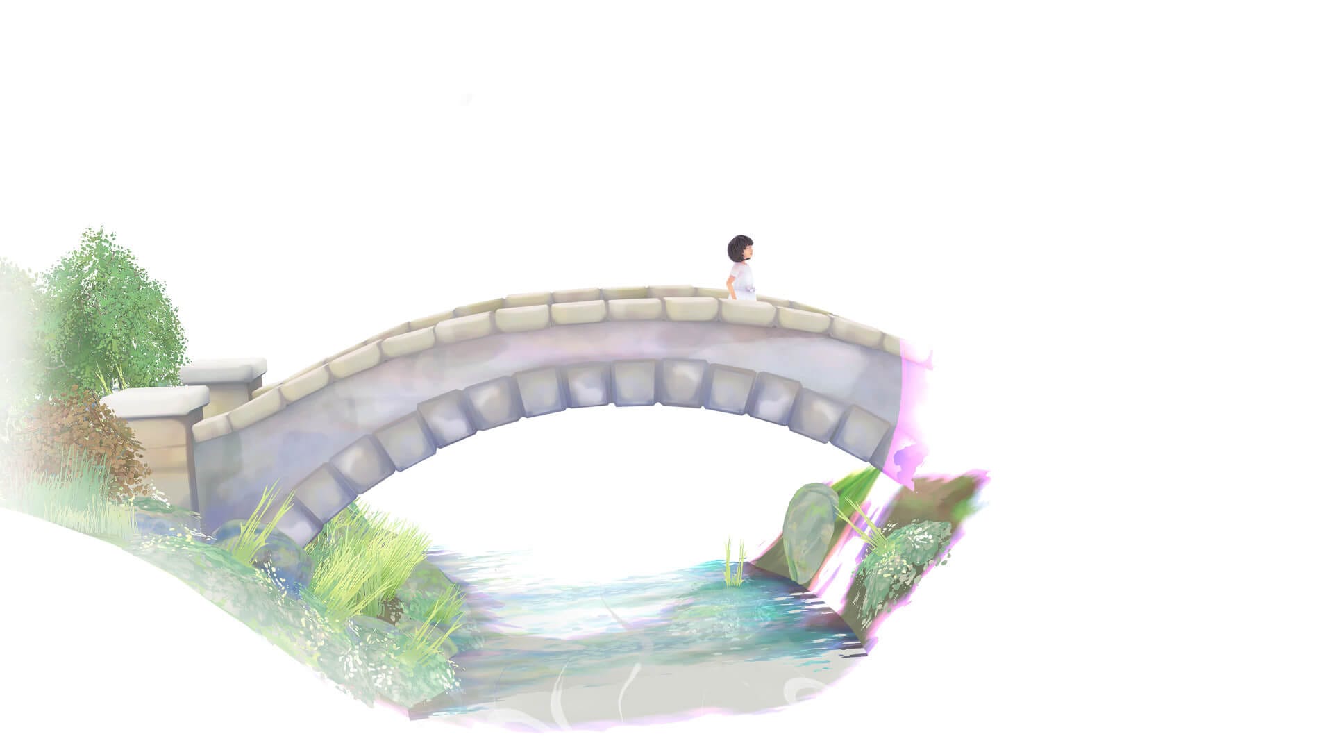The protagonist of Beyond Eyes walking across a bridge