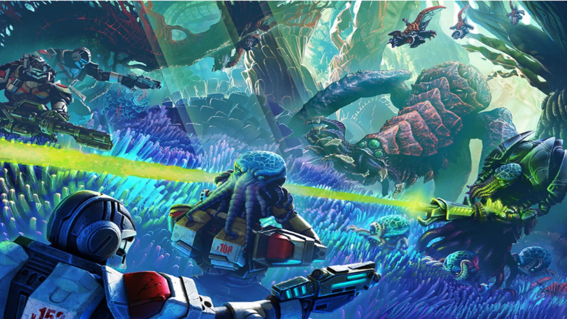 A bunch of soldiers in space armor fighting giant bugs and tentacled monsters