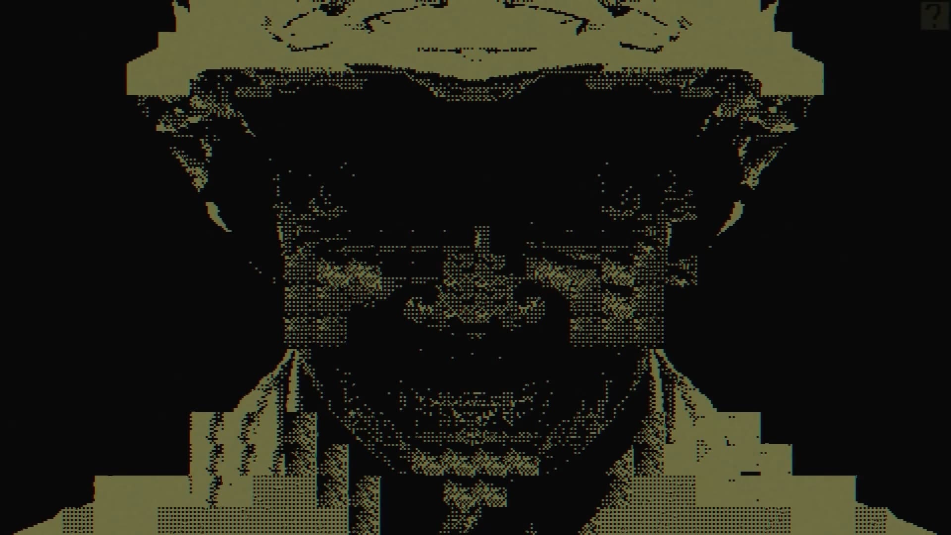 Closeup of a highly pixelated and wide grinning face, color palette covered in yellow