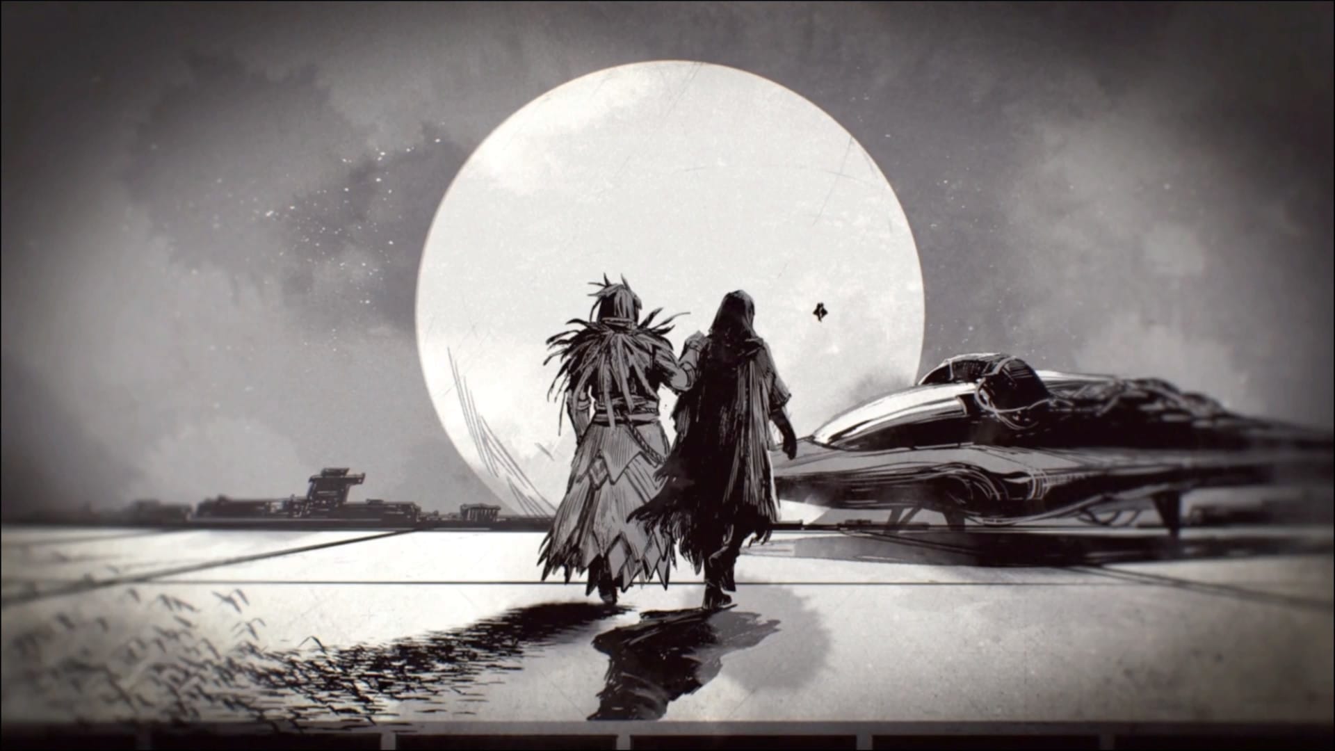 A black and white image of two Guardians walking together