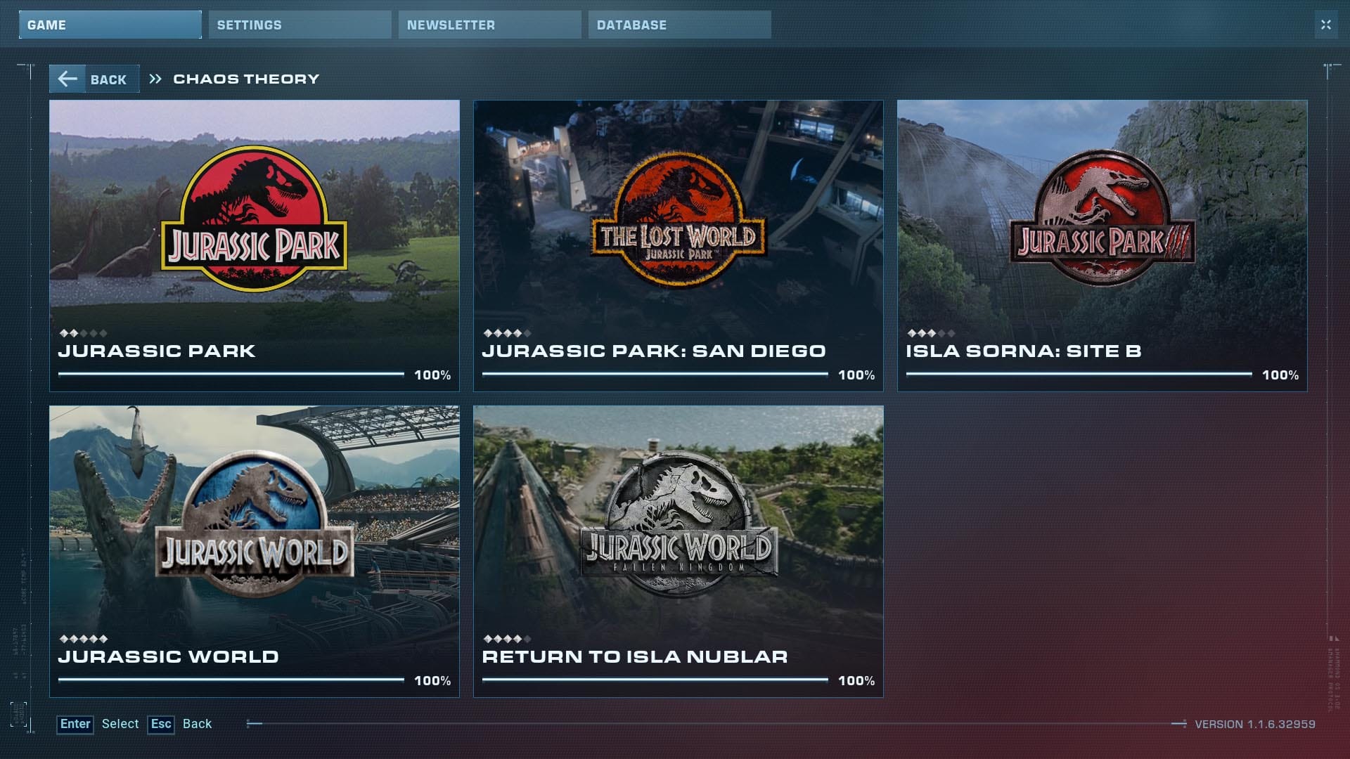 The Chaos Theory screen in Jurassic World Evolution 2