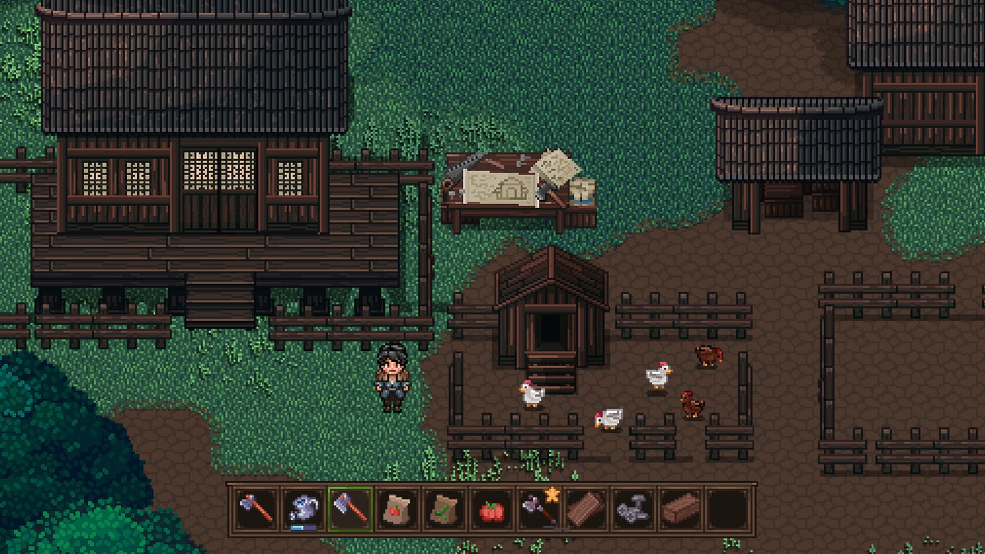 The player standing on their farm in Daomei Village