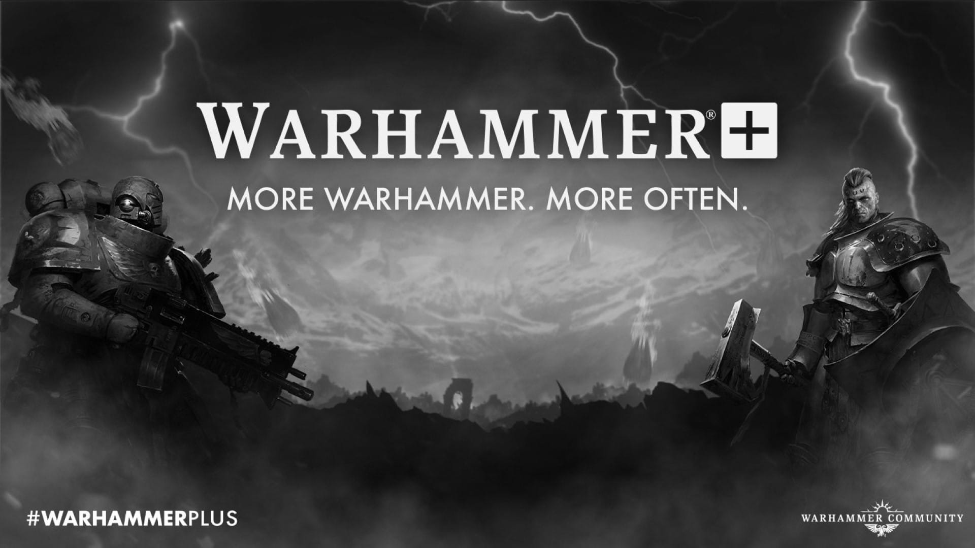 The logo for Warhammer+ over a grayscale battlefield