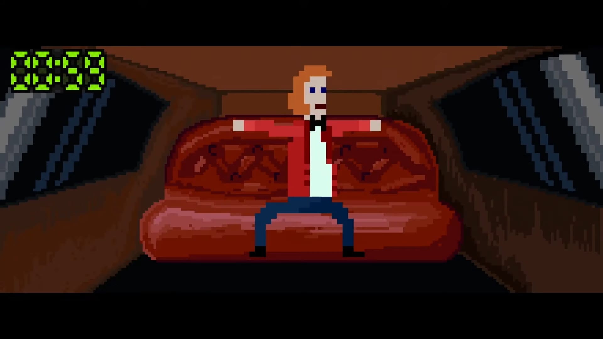 McPixel chills in a limo with his finest tux.