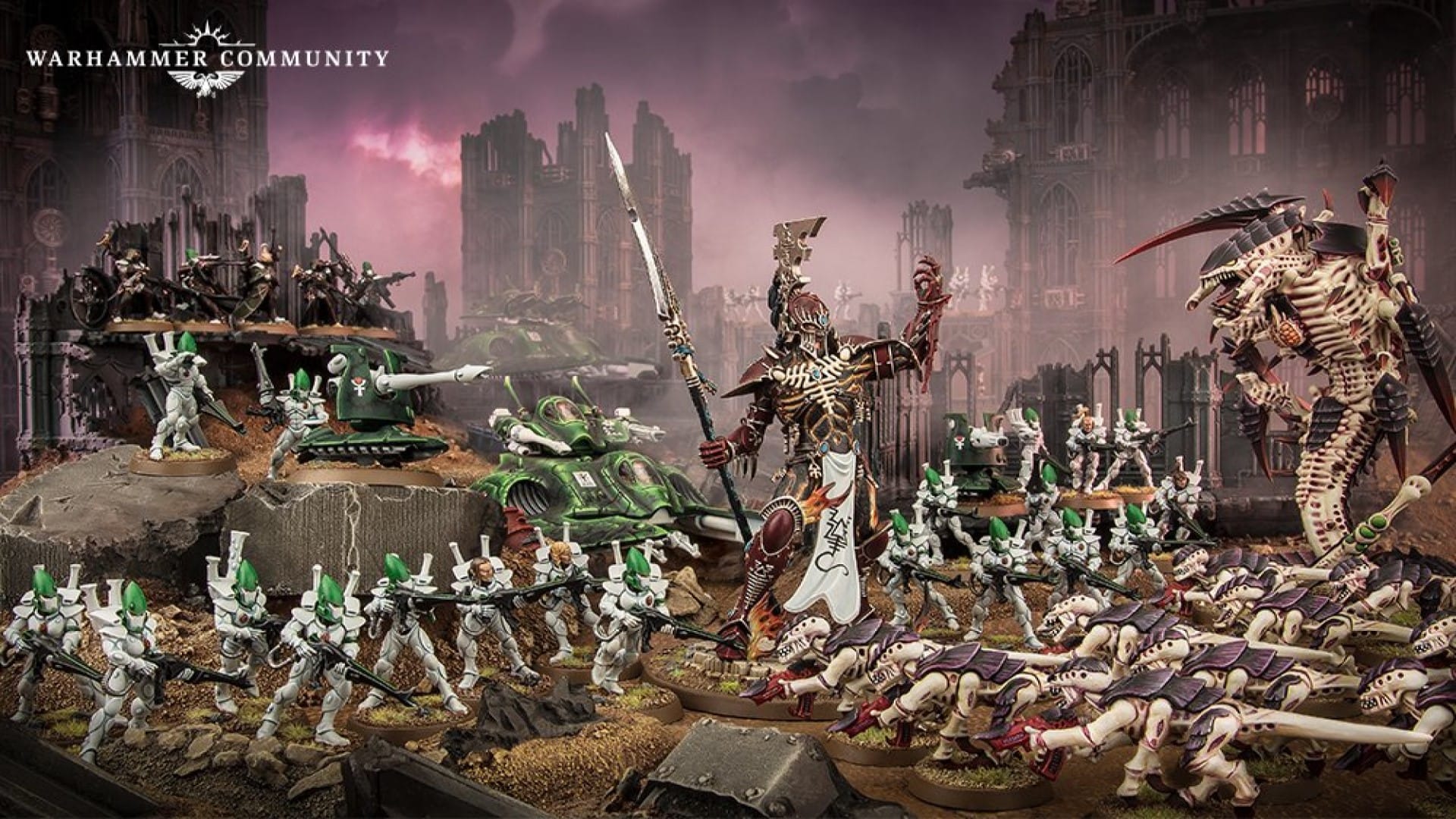 An army of Aeldari miniatures confronting an army of Tyranids
