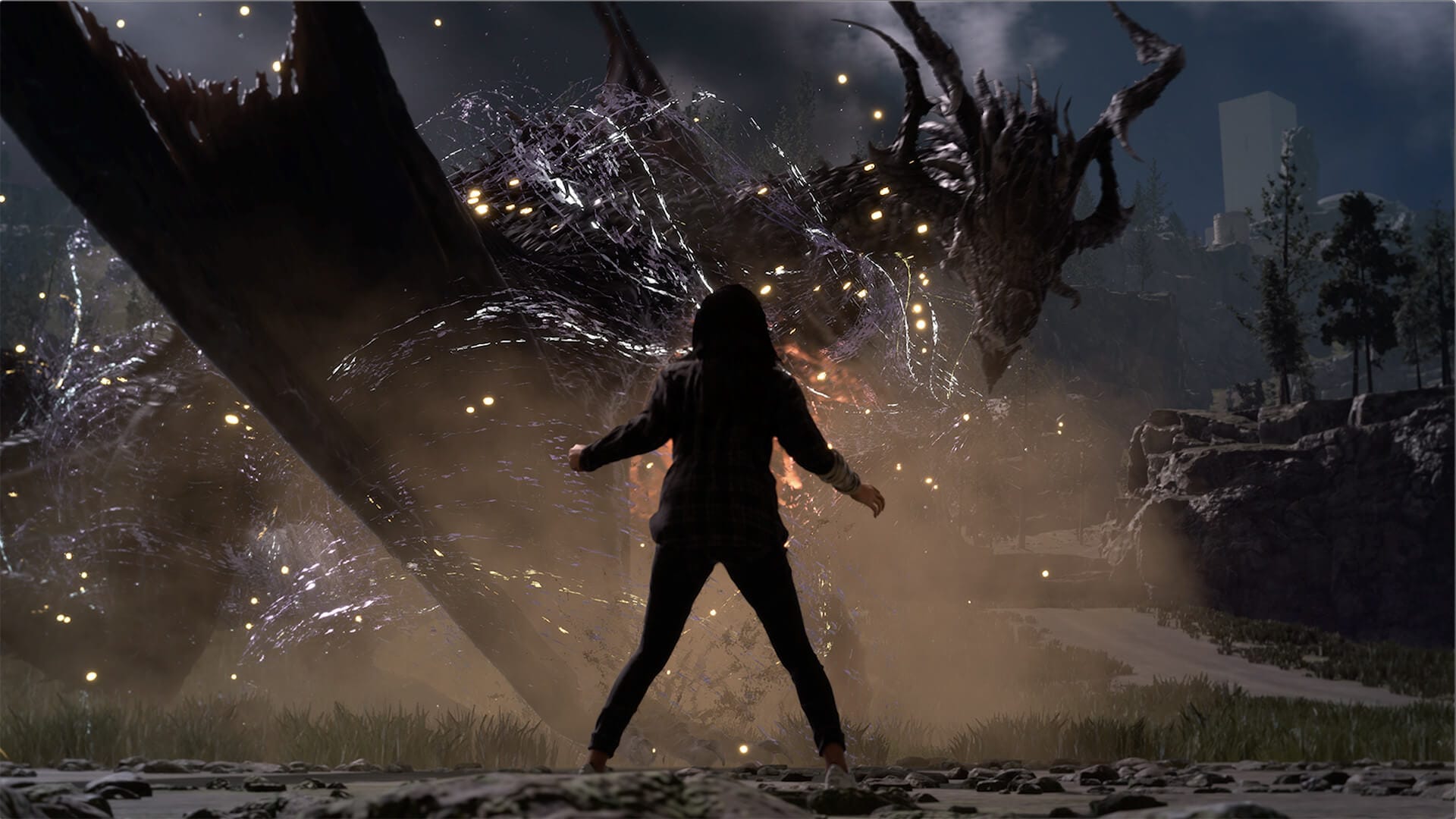 Frey faces off against a dragon in Forspoken
