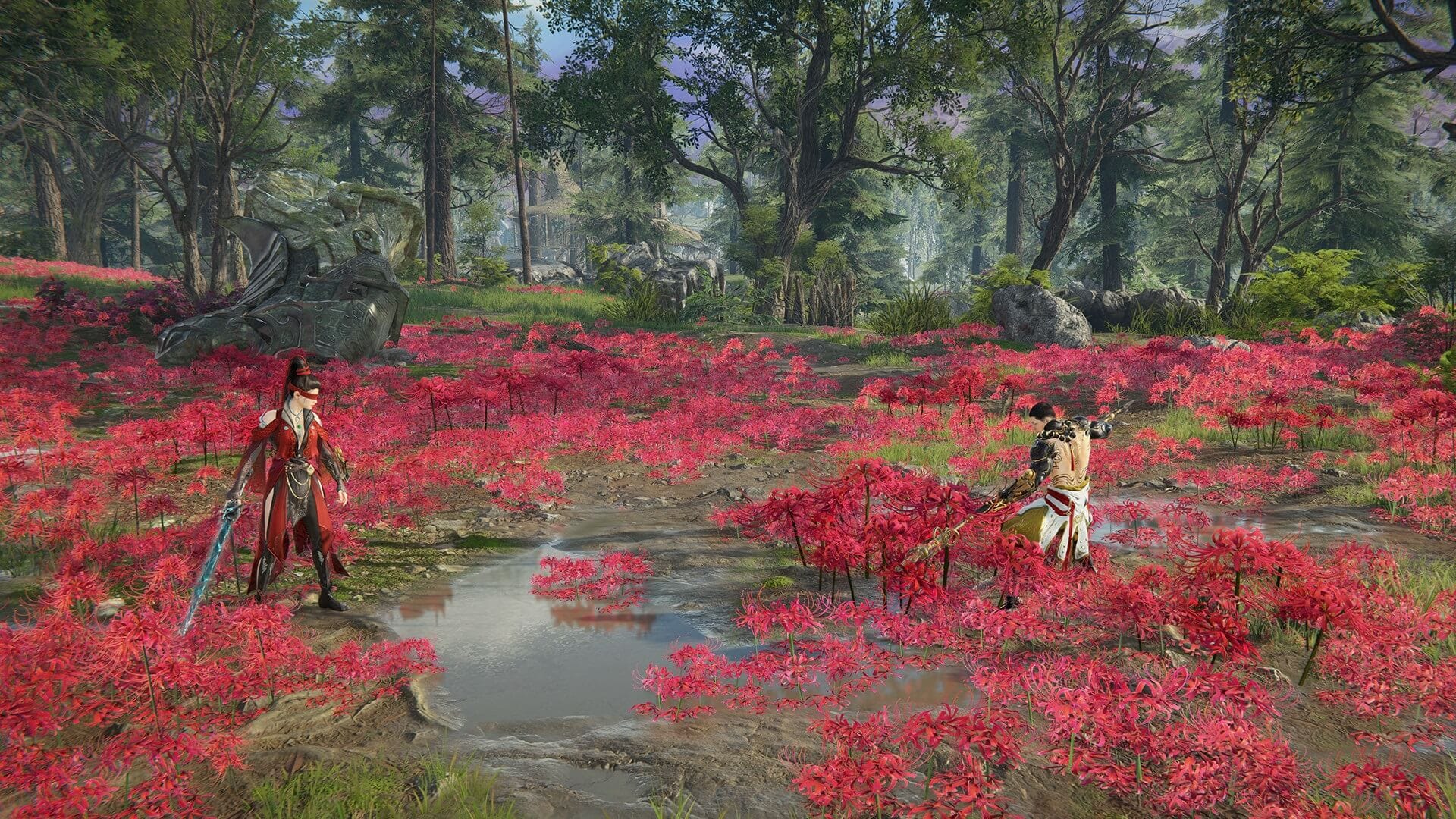 Two characters facing off in a flowery field in Naraka: Bladepoint