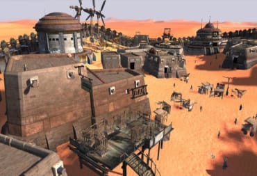 Screenshot of a desert settlement from Kenshi