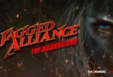 board game cover art depicting a scowling face covered in military face paint starring at the viewwer. The Words "Jagged Alliance: The Board Game" are written to the left of the image. 