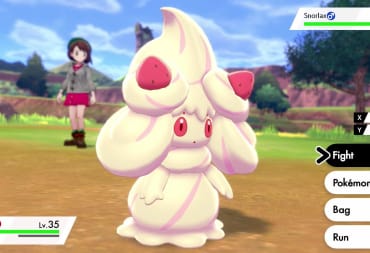 pokemon sword and shield screenshot showing a white, cream-based pokemon called Alcreamie. 