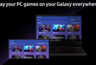 An image showing the service running on both Galaxy phone and PC screen.