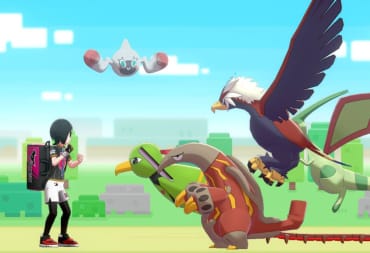 Pokemon Sword and Shield screenshot showing a trainer to the left with various pokemon to the right. 