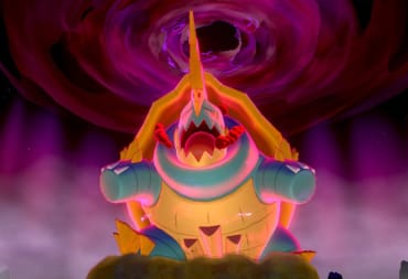Pokemon Sword and Shield screenshot showing a giant turtle-like pokemon towering over the viewer. 
