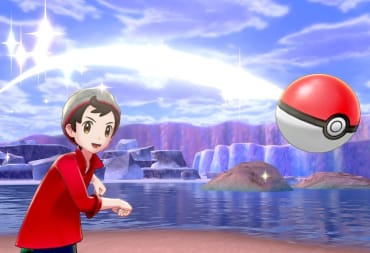 Pokemon Sword and Shield screenshot showing a boy in a red jacket throwing a pokeball towards the screen. There's a snow cliff-face behidn him, as well as a small body of water. 