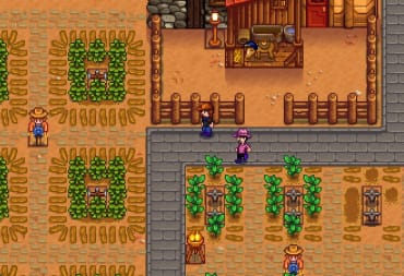 Stardew Valley screenshot showing two friends on road in a large dry-looking piece of farmland. 