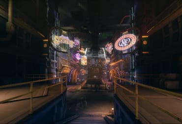 The Outer Worlds screenshot showing a city in space filled with various vibrant neon signs.