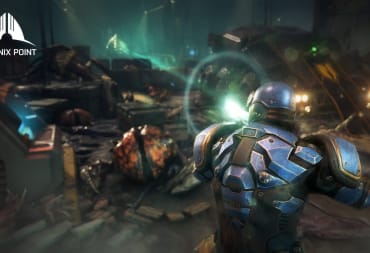 Phoenix Point screenshot showing the back of a soldier firing at some out-of-focus aliens off to the left of the screen