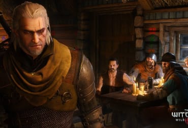 The Witcher 3 Art Showing Geralt in foreground with Angry Bar Patrons Scowling Towards him from the background. 