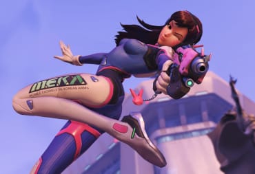 Overwatch screenshot showing D.VA doing a backflip with her gun pointed at the screen