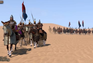 A troupe of soldiers in the desert in Mount and Blade II: Bannerlord