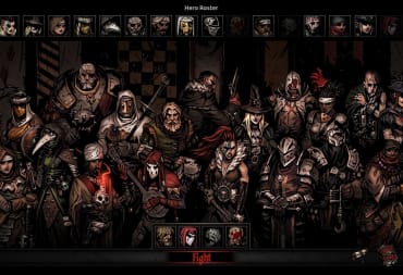 A hero roster in Darkest Dungeon's The Butcher's Circus DLC