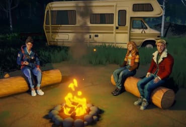 a mailperson and two friends around a campfire with an RV in the back