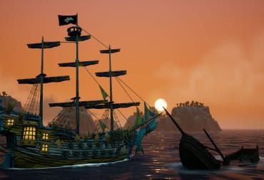 A pirate ship sailing against a sunset in King of Seas