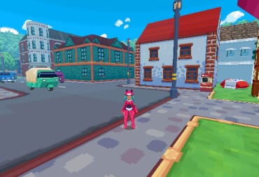 The main character running through town in Delta Gal