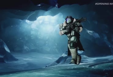 A Titan in winter armor stomping through an icy tundra