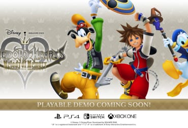 Sora, Donald, and Goofy celebrate the playable demo of Kingdom Hearts: Melody of Memory in an official banner image